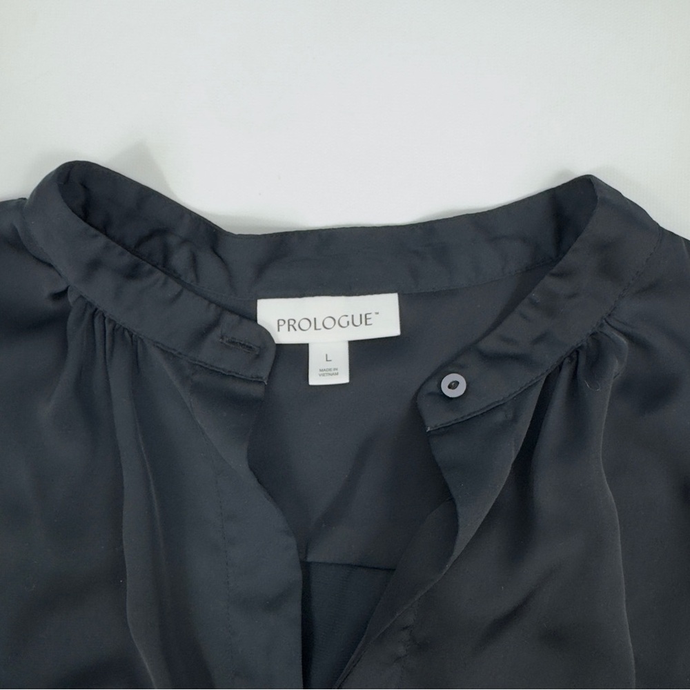 Silky black hidden button up flowy mandarin collar blouse Prologue sz Large - Picture 5 of 11